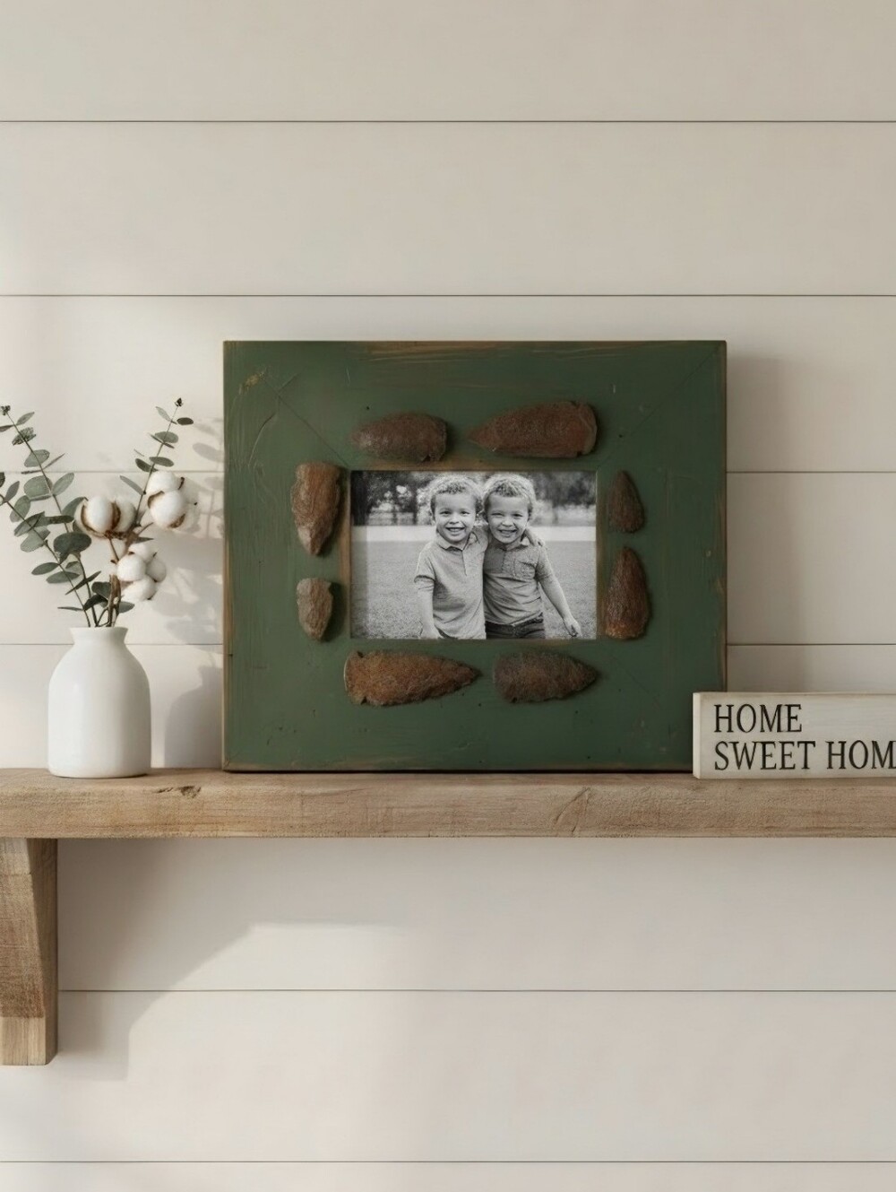 Handcrafted Vintage Green Picture Frame with Rustic Metal Arrowhead Accents USA